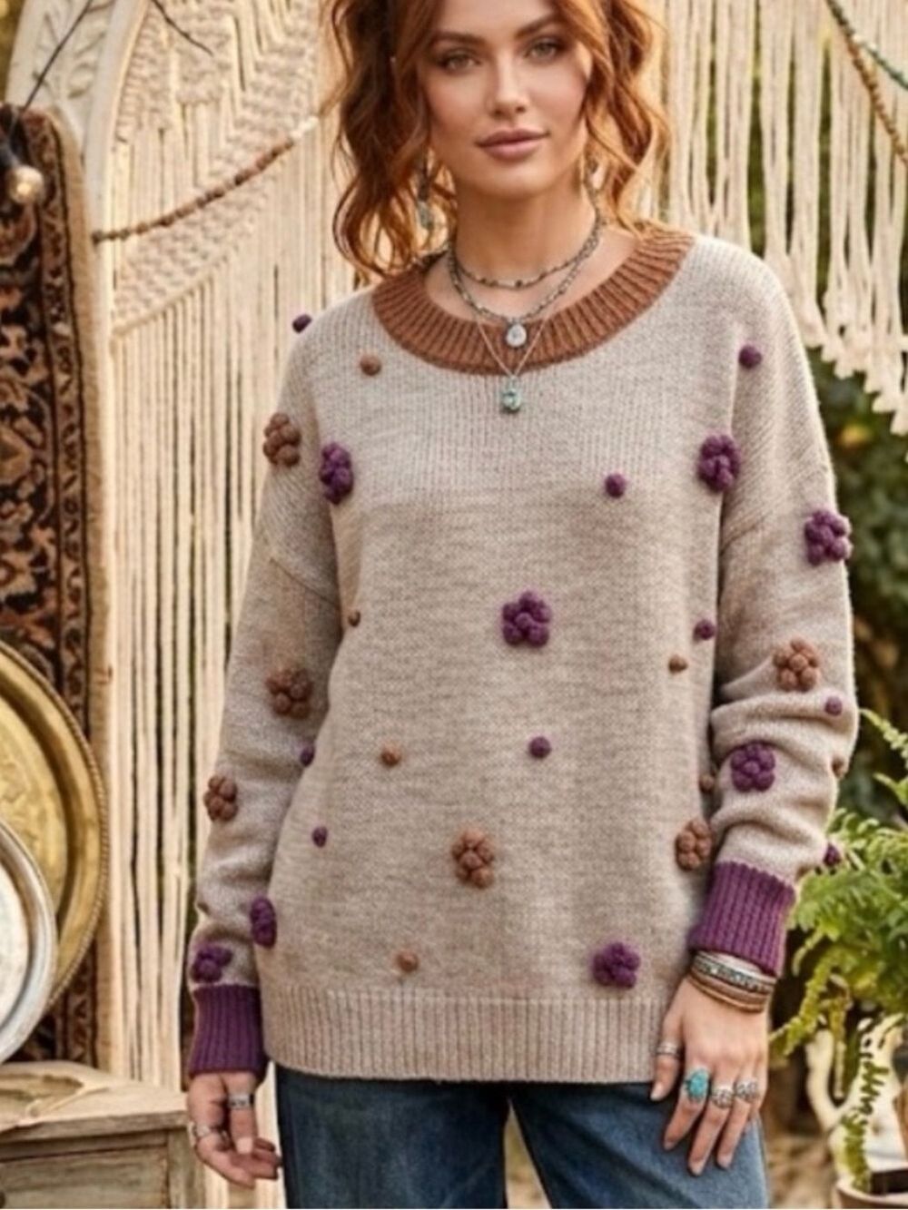 Andthewhy Flowers in the Fall Chunky Knit Sweater - Size Small/Medium